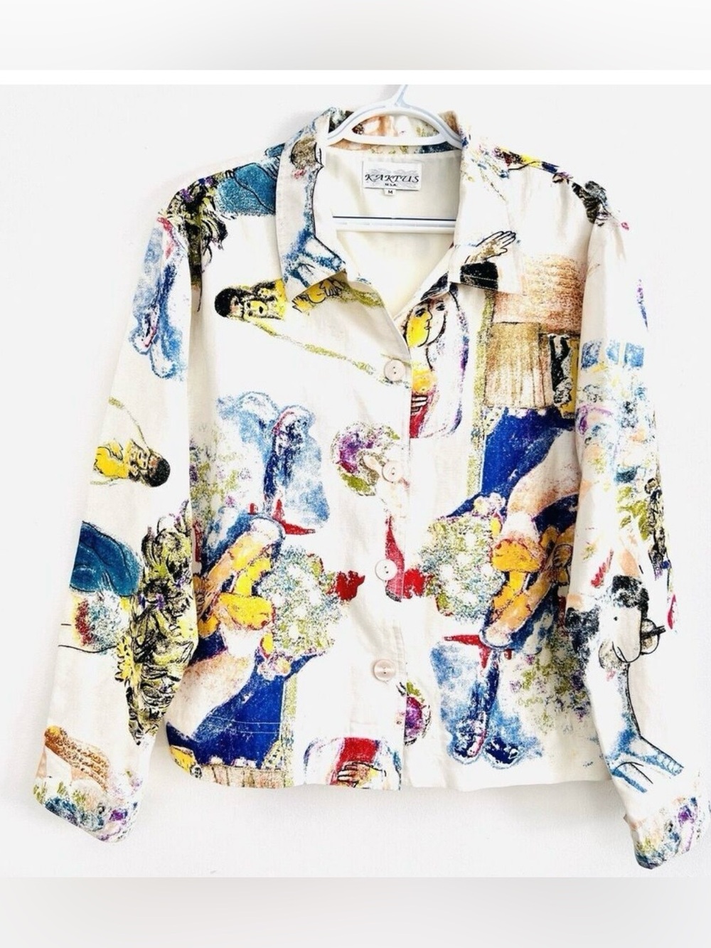KAKTUS Chagall Theme Print Button-Front Rayon and Linen Jacket